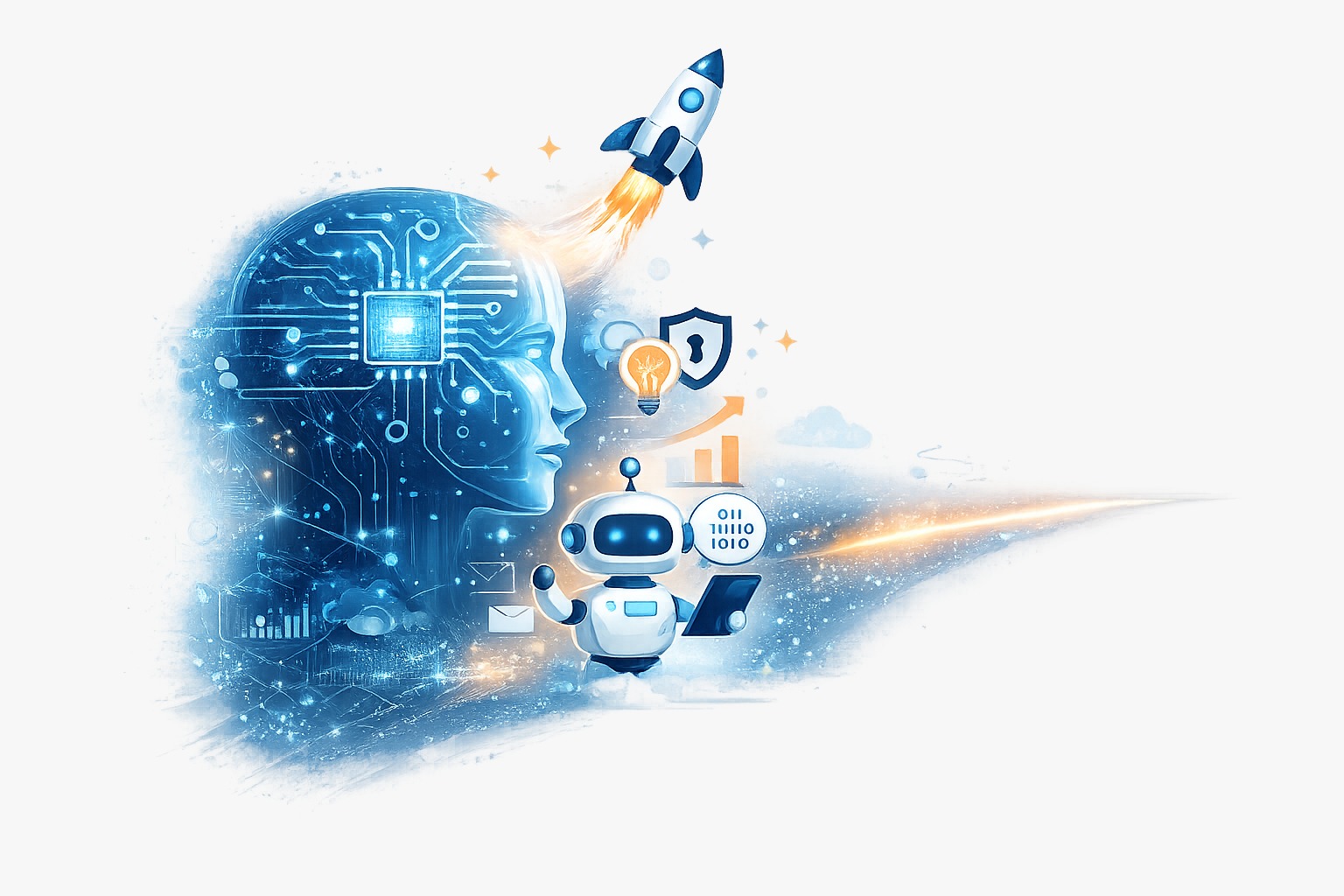 Illustration of an AI-powered digital mind, a robot assistant and icons for growth, safety and innovation